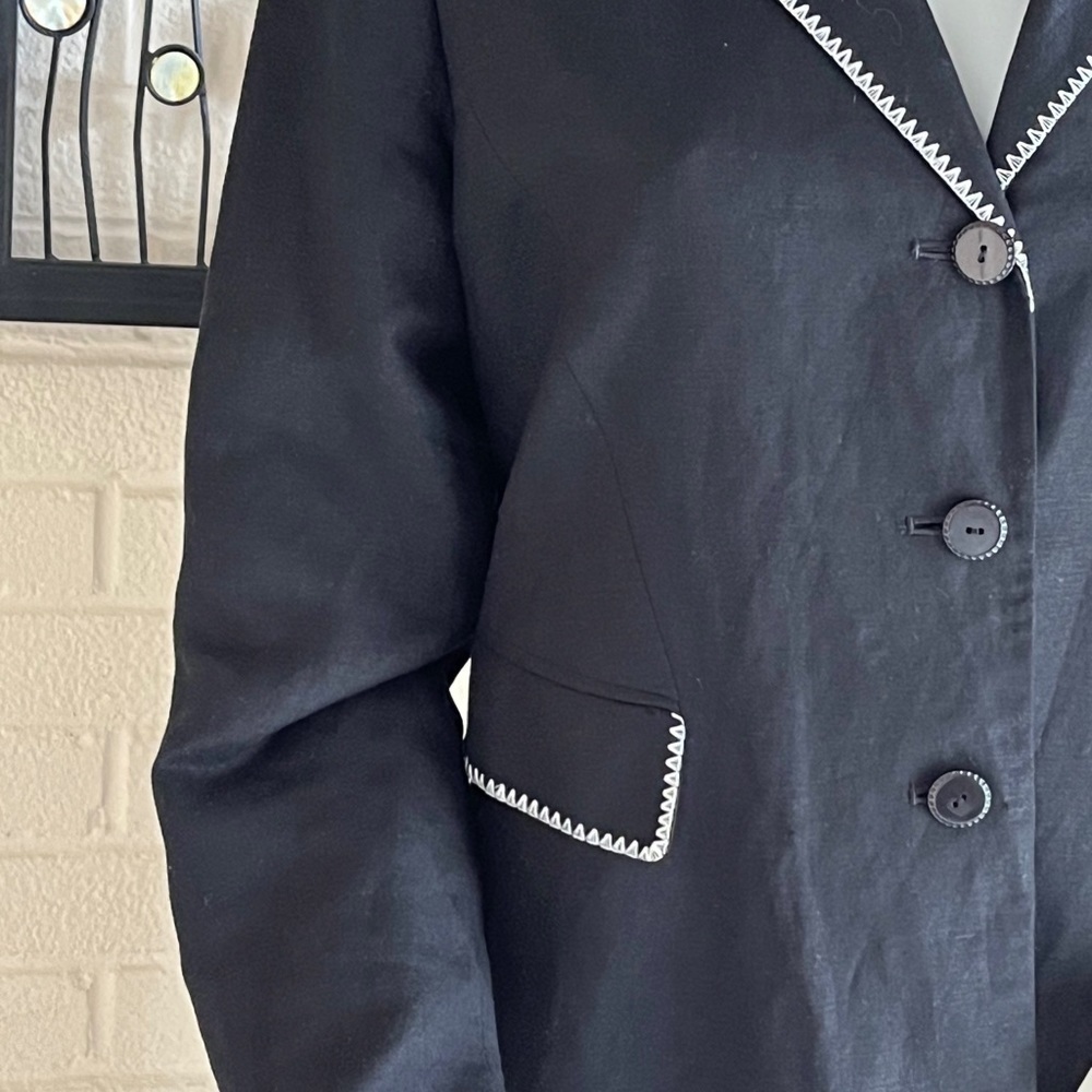Larry Levine Linen Midi Coat Black White Stitching Trim Size 6 - Picture 6 of 10